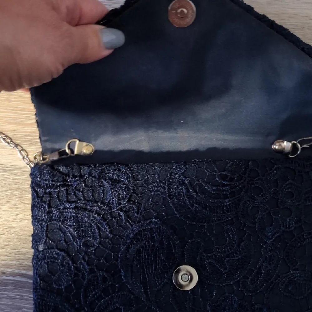 Navy Lace Envelope Clutch with Chain Strap - Women's Evening Bag - Picture 3 of 6